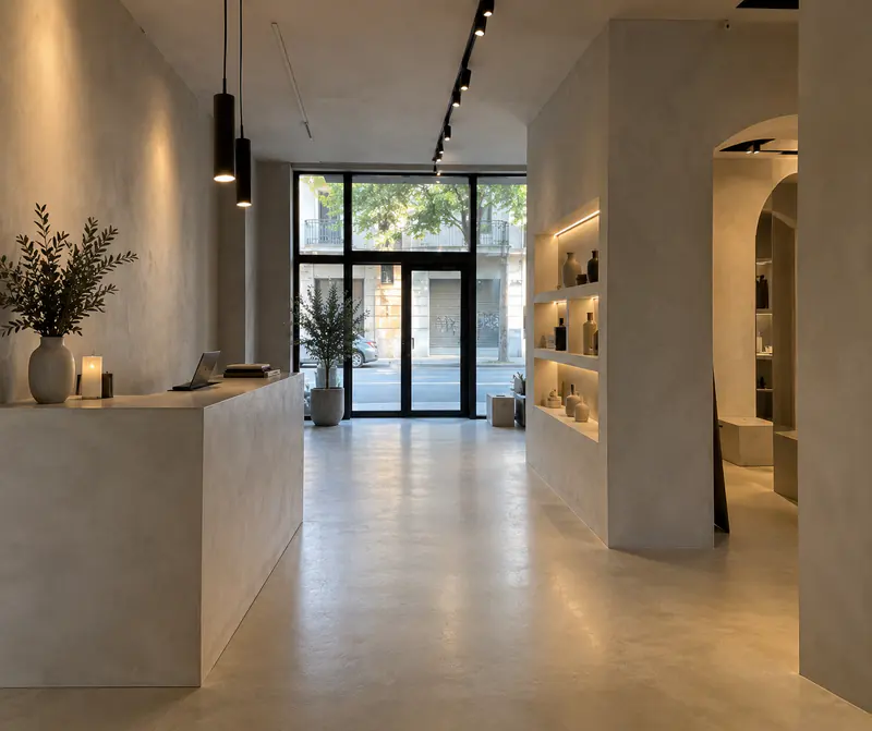 Local comercial con suelo, paredes y mostrador de microcemento